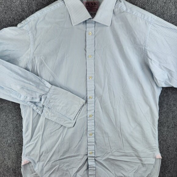 Thomas Pink Long Sleeve Button Up Cotton Ireland Blue Striped Superfine 17 34 - Picture 2 of 16